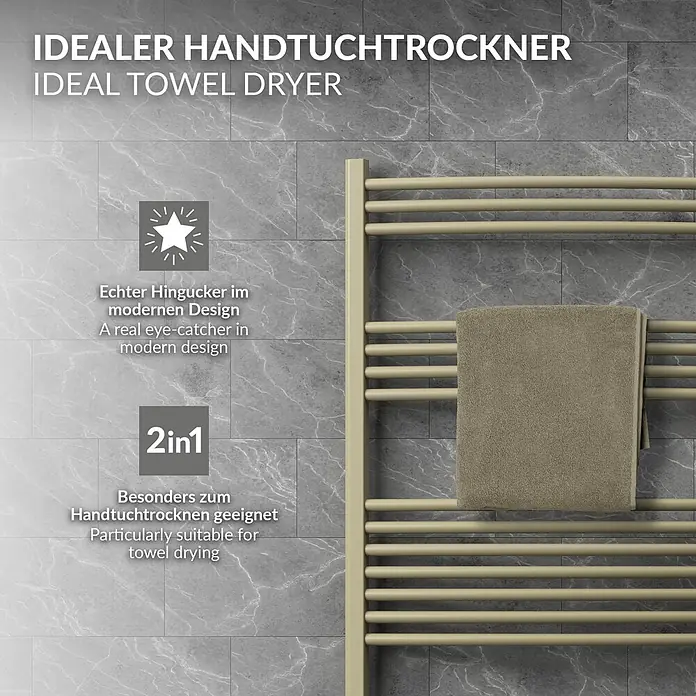 LuxeBath Elektro-Badheizkörper Handtuchheizkörper elektrisch 600W 400 x 1200 mm Beige Heizkörper - B x H: 400 x 1.200 mm, Ausstattung Heizkörper: Blindstopfen - Beiger Handtuchtrockner mit braunem Handtuch an grauer Fliesenwand.