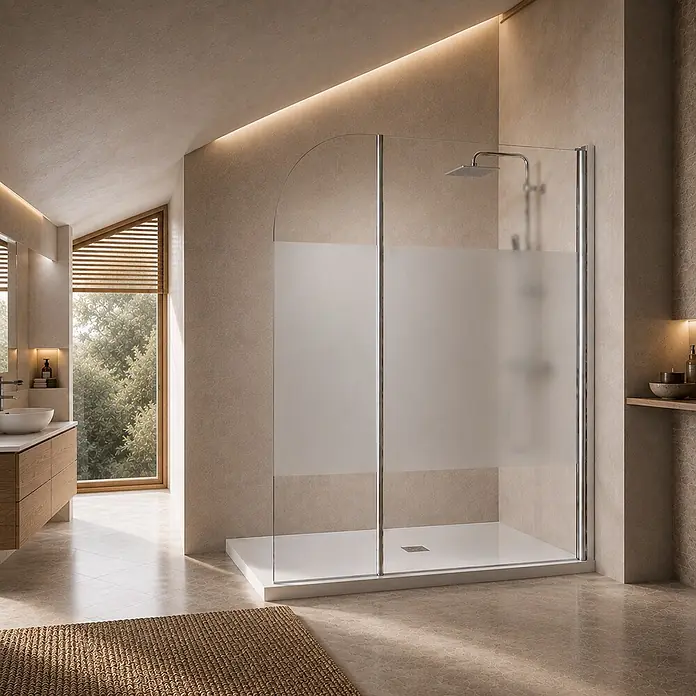 Onbath's Duschwand - B x H: 70 x 195 cm, Beschichtet, Chrom-Silber - Moderne Duschkabine mit mattiertem Glas und Chromrahmen auf einer weißen Duschwanne, in ein stilvolles Badezimmer integriert.