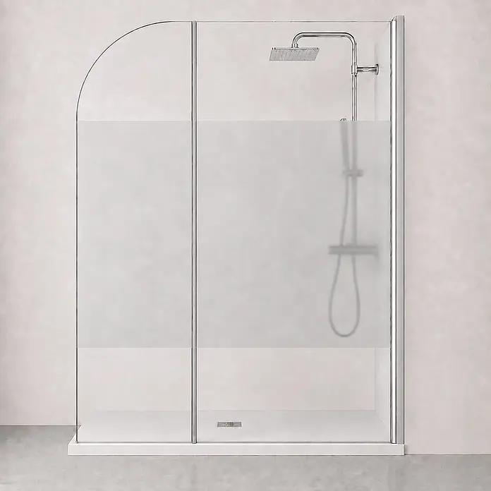 Onbath's Duschwand - B x H: 70 x 195 cm, Beschichtet, Chrom-Silber - Viertelkreis-Duschkabine mit Klarglas und Milchglas-Sichtschutz, Chromarmatur und weißer Duschwanne.