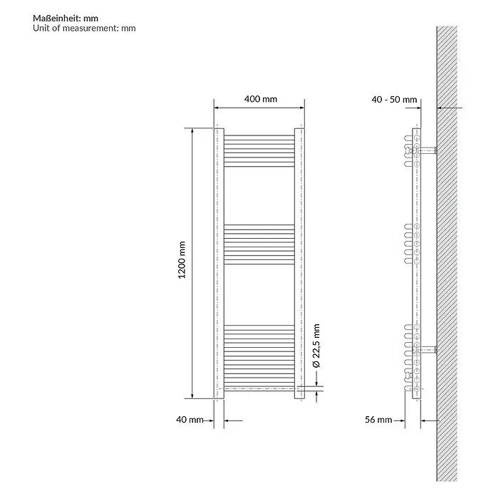 LuxeBath Elektro-Badheizkörper Handtuchheizkörper elektrisch 600W 400 x 1200 mm Beige Heizkörper - B x H: 400 x 1.200 mm, Ausstattung Heizkörper: Blindstopfen - Technische Zeichnung eines wandmontierten Handtuchwärmers, Vorder- und Seitenansicht mit Maßen: 1200mm hoch, 400mm breit, 40-50mm Wandabstand.