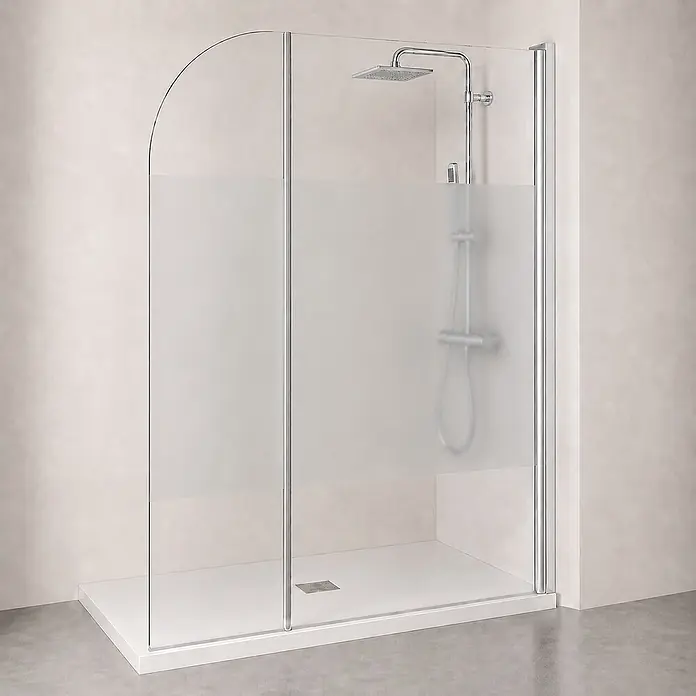 Onbath's Duschwand - B x H: 70 x 195 cm, Beschichtet, Chrom-Silber - Ganzglas-Duschkabine mit mattiertem Sichtschutzstreifen, Chromprofilen und weißer Duschwanne.