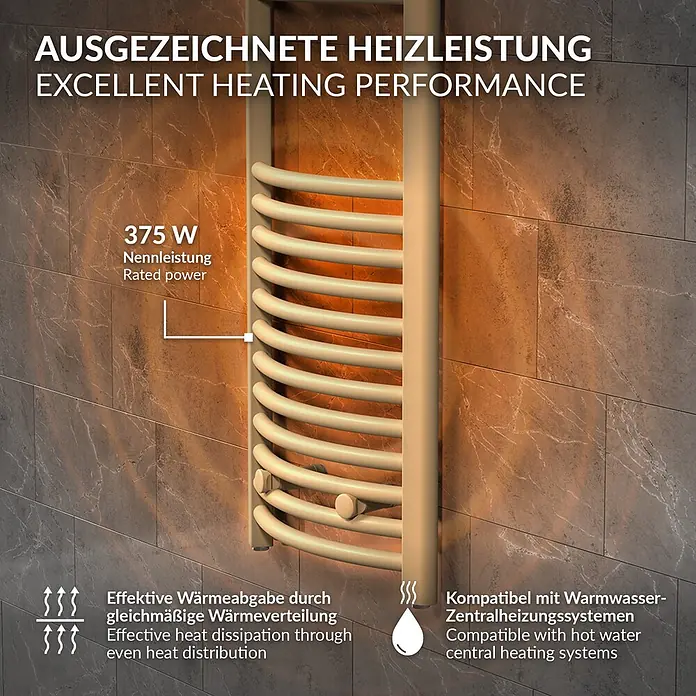 LuxeBath Elektro-Badheizkörper Handtuchheizkörper elektrisch 600W 400 x 1200 mm Beige Heizkörper - B x H: 400 x 1.200 mm, Ausstattung Heizkörper: Blindstopfen - Cremefarbener Handtuchheizkörper, 375W, heizt ein gefliestes Bad. Betont exzellente Heizleistung und gleichmäßige Wärmeverteilung.