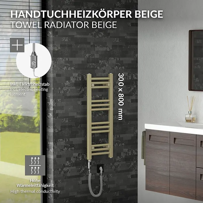 LuxeBath Badheizkörper Sahara Elektrisch 300 x 800 mm -  - Beiger elektrischer Handtuchheizkörper für das Badezimmer, inkl. Heizelement.