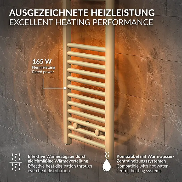 LuxeBath Badheizkörper Sahara Elektrisch 300 x 800 mm -  - Goldfarbener Handtuchwärmer-Heizkörper, wandmontiert, mit Heizleistungs- und Kompatibilitätsmerkmalen.