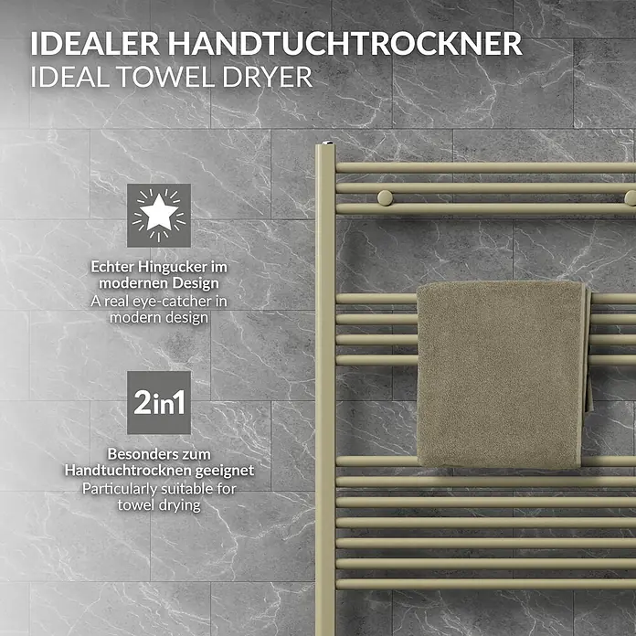 LuxeBath Elektro-Badheizkörper Handtuchheizkörper elektrisch 300W 500 x 800 mm Beige Heizkörper - B x H: 500 x 800 mm, Ausstattung Heizkörper: Blindstopfen - Beiger Metall-Handtuchtrockner mit braunem Handtuch, ideal für modernes Baddesign und effizientes Trocknen.