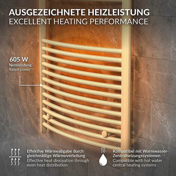 LuxeBath Badheizkörper Elektrisch Sahara 500 x 1500 mm -  - Cremefarbener, gebogener Handtuchheizkörper an einer gefliesten Wand, mit 605W Leistung und Zentralheizungskompatibilität.