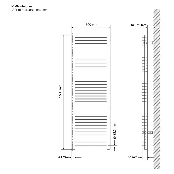 LuxeBath Badheizkörper Elektrisch Sahara 500 x 1500 mm -  - Technisches Datenblatt eines wandmontierten Handtuchheizkörpers: 1500x500 mm mit Ø 22,5 mm Rohren.