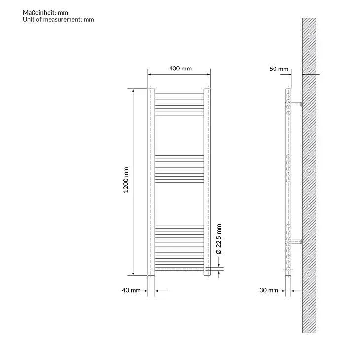 LuxeBath Elektro-Badheizkörper Handtuchheizkörper elektrisch 600W 400 x 1200 mm Beige Heizkörper - B x H: 400 x 1.200 mm, Ausstattung Heizkörper: Blindstopfen - Technisches Datenblatt eines wandmontierten Handtuchheizkörpers, 1200x400 mm, mit Bemaßungen.