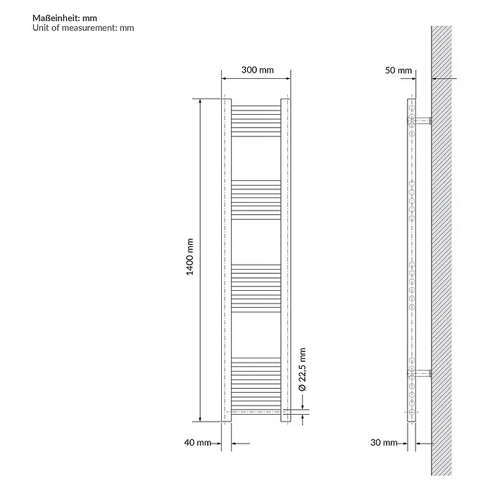 LuxeBath Badheizkörper Sahara Elektrisch 300x1400 mm -  - Technische Zeichnung eines Handtuchheizkörpers in Leiterform. Abmessungen: 1400mm Höhe, 300mm Breite, 50mm Wandabstand.