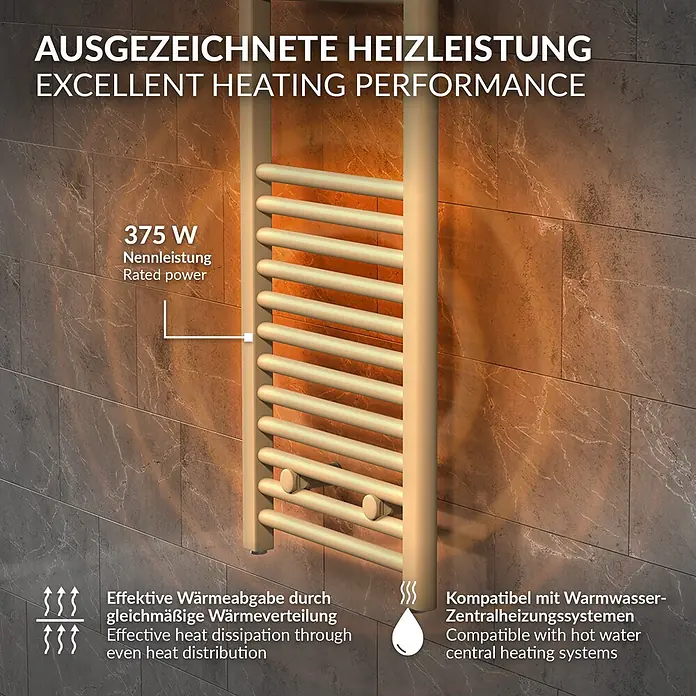 LuxeBath Elektro-Badheizkörper Handtuchheizkörper elektrisch 600W 400 x 1200 mm Beige Heizkörper - B x H: 400 x 1.200 mm, Ausstattung Heizkörper: Blindstopfen - Goldfarbener Handtuchheizkörper an einer dunklen Fliesenwand, der seine hervorragende Heizleistung hervorhebt.