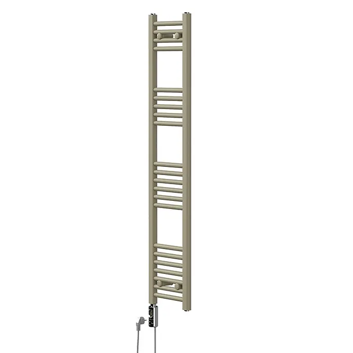 LuxeBath Handtuchheizkörper Sahara Elektrisch 300 x 1400 mm -  - Beigefarbener elektrischer Handtuchheizkörper mit mehreren horizontalen Streben und Digitalanzeige.