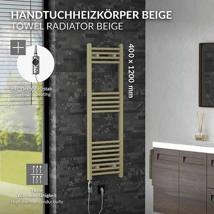 LuxeBath Badheizkörper Sahara Elektrisch 400 x 1200 mm -  - Beiger elektrischer Handtuchheizkörper in einem modernen Badezimmer.