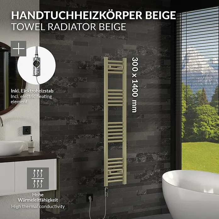 LuxeBath Handtuchheizkörper Sahara Elektrisch 300 x 1400 mm -  - Beiger Handtuchheizkörper (300x1400mm) mit Elektroheizstab für hohe Wärmeleitfähigkeit im Badezimmer.