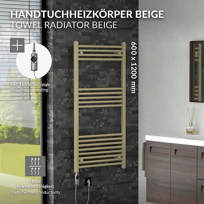 LuxeBath Elektro-Badheizkörper Handtuchheizkörper elektrisch 600W 600 x 1200 mm Beige Heizkörper - B x H: 600 x 1.200 mm, Ausstattung Heizkörper: Blindstopfen - Beiger Handtuchheizkörper 600x1200 mm mit Elektroheizstab in modernem Bad.