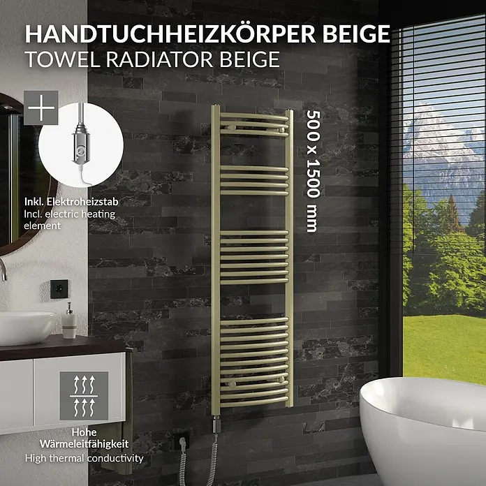 LuxeBath Elektrischer Handtuchheizkörper Sahara 500x1500 mm -  - Beiger Handtuchheizkörper mit Elektroheizstab, 500x1500 mm, an dunkler Fliesenwand im Bad.