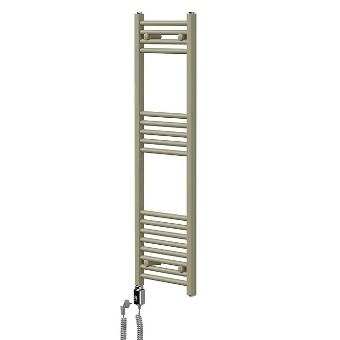 LuxeBath Elektro-Badheizkörper Handtuchheizkörper elektrisch 600W 400 x 1200 mm Beige Heizkörper - B x H: 400 x 1.200 mm, Ausstattung Heizkörper: Blindstopfen - Beiger elektrischer Handtuchwärmer im Leiterstil mit horizontalen Stäben und Heizelement mit Spiralkabel unten.