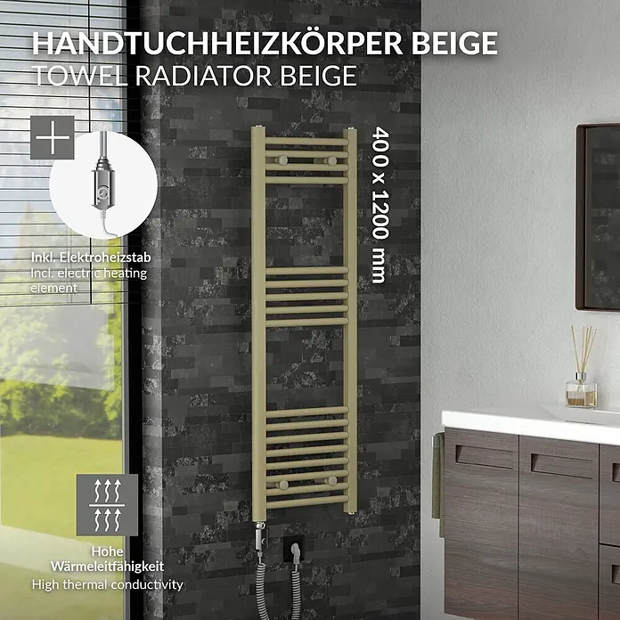 LuxeBath Elektro-Badheizkörper Handtuchheizkörper elektrisch 600W 400 x 1200 mm Beige Heizkörper - B x H: 400 x 1.200 mm, Ausstattung Heizkörper: Blindstopfen - Beigefarbener Handtuchheizkörper an dunkler Fliesenwand im Badezimmer, mit sichtbarem Elektroheizstab.