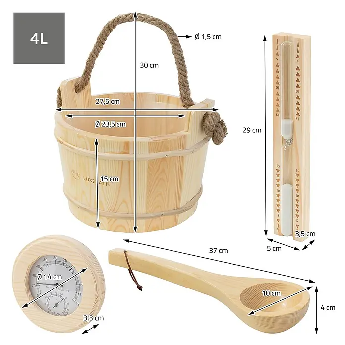 LuxeBath Saunazubehör-Set aus massivem Kiefernholz, Sauna Set 4-teilig -  - Set aus hellem Saunazubehör aus Holz: Eimer mit Seilgriff, Kelle, Thermometer/Hygrometer und Sanduhr.