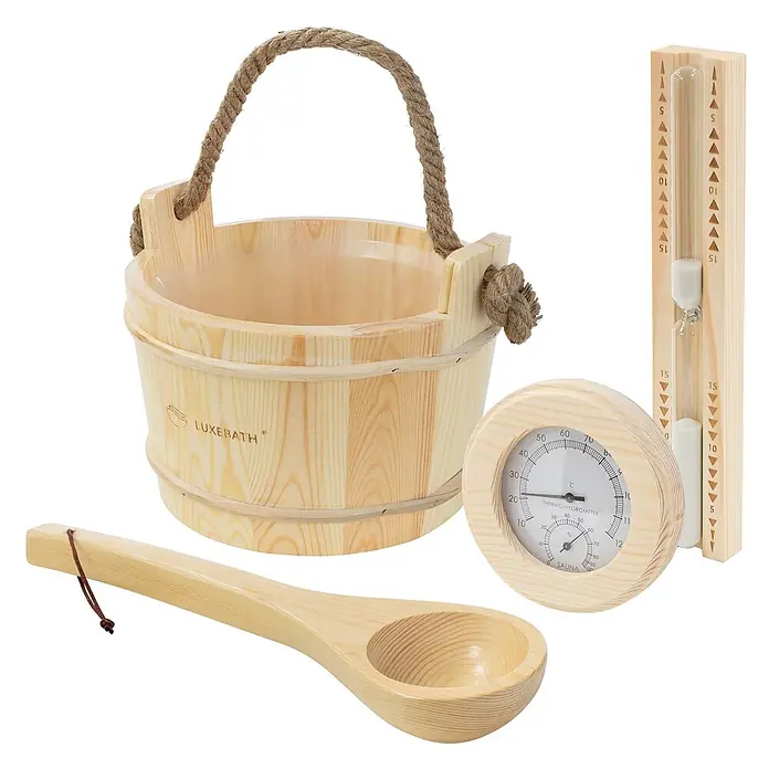 LuxeBath Saunazubehör-Set aus massivem Kiefernholz, Sauna Set 4-teilig -  - Sauna-Set aus hellem Holz mit Eimer, Schöpfkelle, Thermo-Hygrometer und Sanduhr.