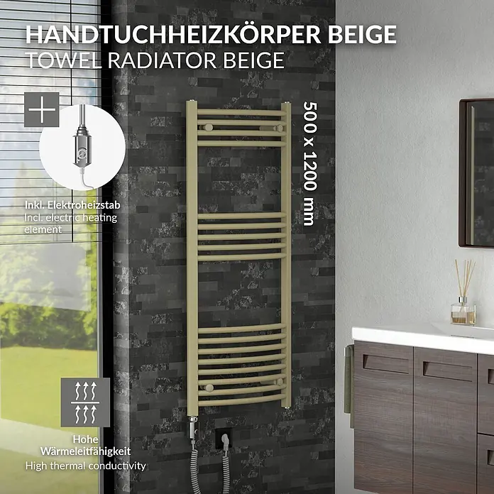 LuxeBath Elektro-Badheizkörper Handtuchheizkörper elektrisch 600W 500 x 1200 mm Beige Heizkörper - B x H: 500 x 1.200 mm, Ausstattung Heizkörper: Blindstopfen - Beiger 500x1200mm Handtuchheizkörper mit Elektroheizstab, in modernem Badezimmer.