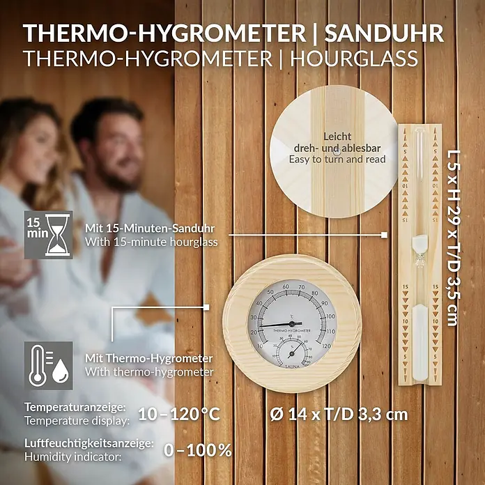 LuxeBath Saunazubehör-Set aus massivem Kiefernholz, Sauna Set 4-teilig -  - Hölzernes Sauna-Thermo-Hygrometer- und 15-Minuten-Sanduhr-Set, zeigt Temperatur, Luftfeuchtigkeit und die Zeit für Saunagänge an.