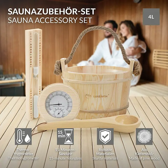 LuxeBath Saunazubehör-Set aus massivem Kiefernholz, Sauna Set 4-teilig -  - Ein Saunazubehör-Set aus hellem Kiefernholz mit 4L Eimer, Schöpfkelle, Thermo-Hygrometer und 15-Minuten-Sanduhr in einer Sauna.