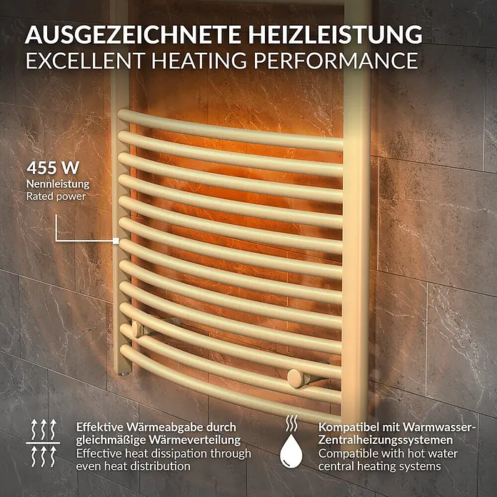 LuxeBath Elektro-Badheizkörper Handtuchheizkörper elektrisch 600W 500 x 1200 mm Beige Heizkörper - B x H: 500 x 1.200 mm, Ausstattung Heizkörper: Blindstopfen - Cremefarbener Handtuchwärmer/Heizkörper an einer gefliesten Wand, mit exzellenter Heizleistung und Kompatibilität mit Warmwasser-Zentralheizungssystemen.