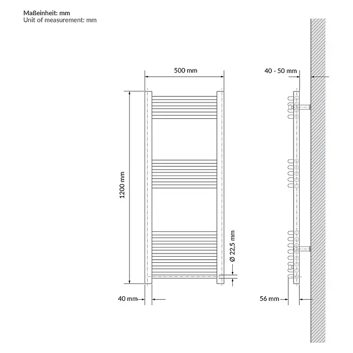 LuxeBath Elektro-Badheizkörper Handtuchheizkörper elektrisch 600W 500 x 1200 mm Beige Heizkörper - B x H: 500 x 1.200 mm, Ausstattung Heizkörper: Blindstopfen - Technische Zeichnung eines Handtuchwärmers mit Maßen: 1200mm Höhe, 500mm Breite, 22,5mm Rohrdurchmesser, 40-50mm Wandabstand.