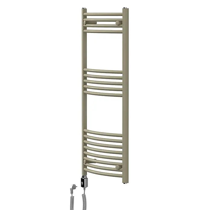 LuxeBath Elektro-Badheizkörper Handtuchheizkörper elektrisch 600W 500 x 1200 mm Beige Heizkörper - B x H: 500 x 1.200 mm, Ausstattung Heizkörper: Blindstopfen - Beiger elektrischer Handtuchwärmer, wandmontiert mit gebogenen Heizstäben und integriertem Stecker.