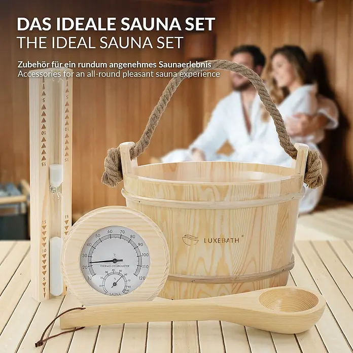 LuxeBath Saunazubehör-Set aus massivem Kiefernholz, Sauna Set 4-teilig -  - Sauna-Set aus Holz mit Eimer, Kelle, Sanduhr und Thermo-Hygrometer in einer Sauna.