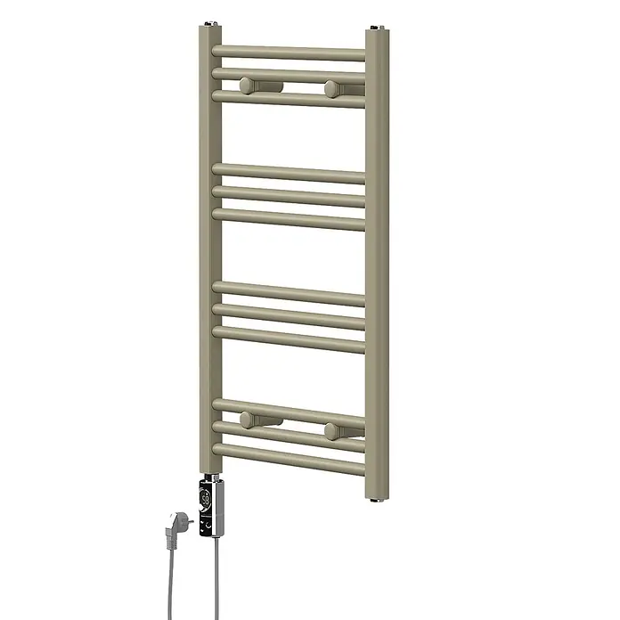 LuxeBath Elektro-Badheizkörper Handtuchheizkörper elektrisch 300W 500 x 800 mm Beige Heizkörper - B x H: 500 x 800 mm, Ausstattung Heizkörper: Blindstopfen - Sandfarbener elektrischer Handtuchwärmer mit horizontalen Stangen und digitaler Steuerung.