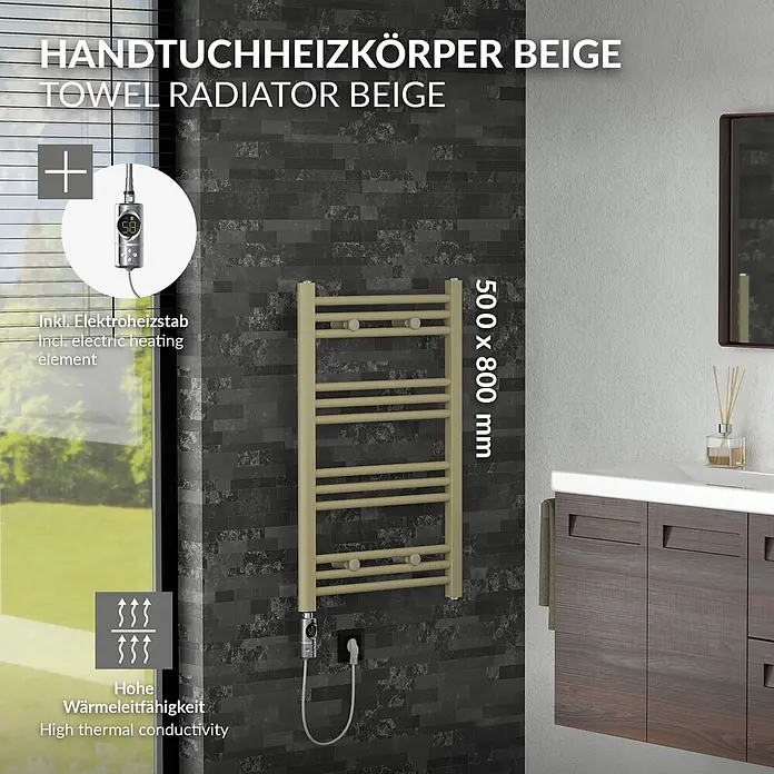 LuxeBath Elektro-Badheizkörper Handtuchheizkörper elektrisch 300W 500 x 800 mm Beige Heizkörper - B x H: 500 x 800 mm, Ausstattung Heizkörper: Blindstopfen - Beigefarbener Handtuchheizkörper (500x800 mm) mit Elektroheizstab, an dunkler Badezimmerwand montiert.