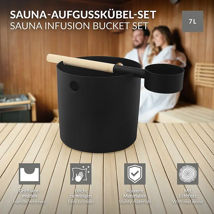 LuxeBath Sauna-Zubehör-Set - Aluminium - Schwarzes 7L Sauna-Aufgusskübel-Set mit Holzkelle auf Saunabank. Robust, leicht zu reinigen, Echtholz.
