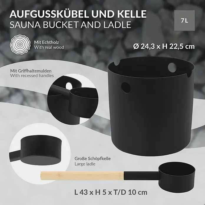 LuxeBath Sauna-Zubehör-Set - Aluminium - Schwarzer Sauna-Aufgusseimer (7L) mit Griffmulden und passende Schöpfkelle mit Holzgriff.