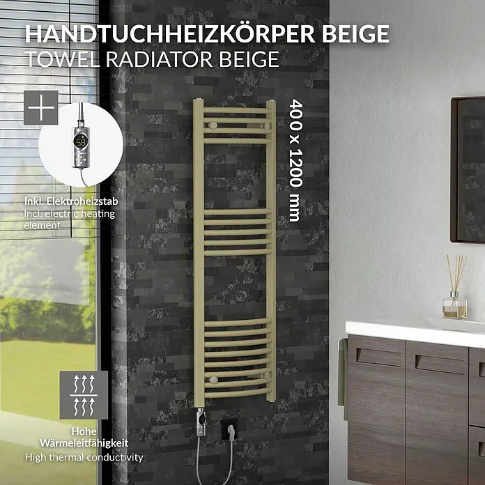 LuxeBath Elektro-Badheizkörper Handtuchheizkörper elektrisch 600W 400 x 1200 mm Beige Heizkörper - B x H: 400 x 1.200 mm, Ausstattung Heizkörper: Blindstopfen - Beiger Handtuchheizkörper 400x1200mm mit Elektroheizstab in modernem Bad. Hohe Wärmeleitfähigkeit für effizientes Trocknen.