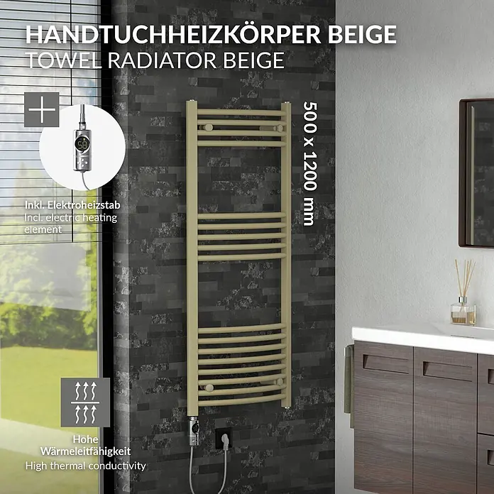 LuxeBath Badheizkörper Sahara elektrisch 500x1200 mm -  - Beiger Elektro-Handtuchheizkörper in einem modernen Badezimmer.