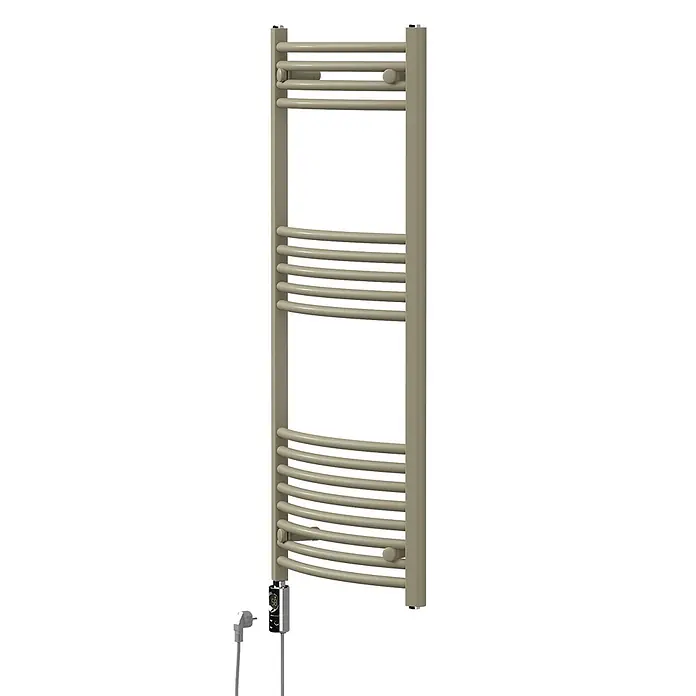 LuxeBath Badheizkörper Sahara elektrisch 500x1200 mm -  - Moderner beigefarbener elektrischer Handtuchwärmer mit gebogenen Stangen, digitalem Regler und Netzkabel.