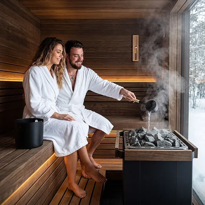 LuxeBath Sauna Zubehör Set 2 tlg, Aufgusseimer & Saunakelle aus Aluminium -  - Ein Paar genießt eine moderne Holzsauna, wobei der Mann Wasser auf die heißen Saunasteine gießt, um Dampf zu erzeugen.