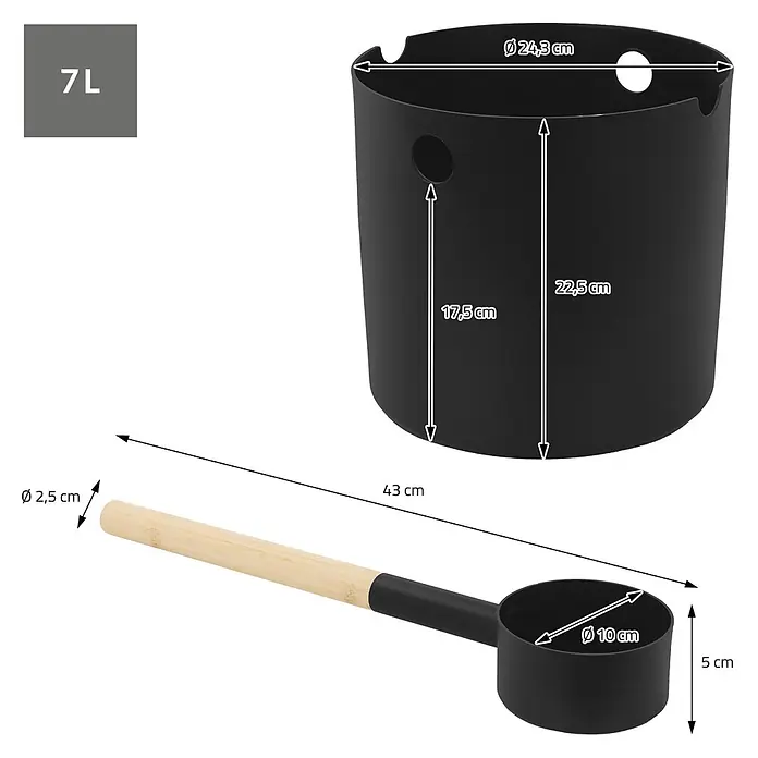 LuxeBath Sauna-Zubehör-Set - Aluminium - Schwarzer 7L Saunaeimer und Schöpfkelle mit Bambusgriff, mit Dimensionen.