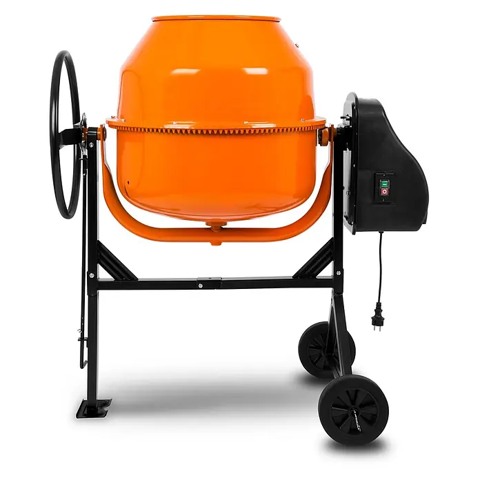 EBERTH Elektro-Betonmischer Betonmischer 160 L, 650 W, 230 V, Stahlzahnkranz - L x B x H: 120 x 70 x 130 cm, 160 l, 650 W - Oranger Betonmischer mit schwarzem Rahmen, Rädern, Bedienfeld und manuellem Handrad.