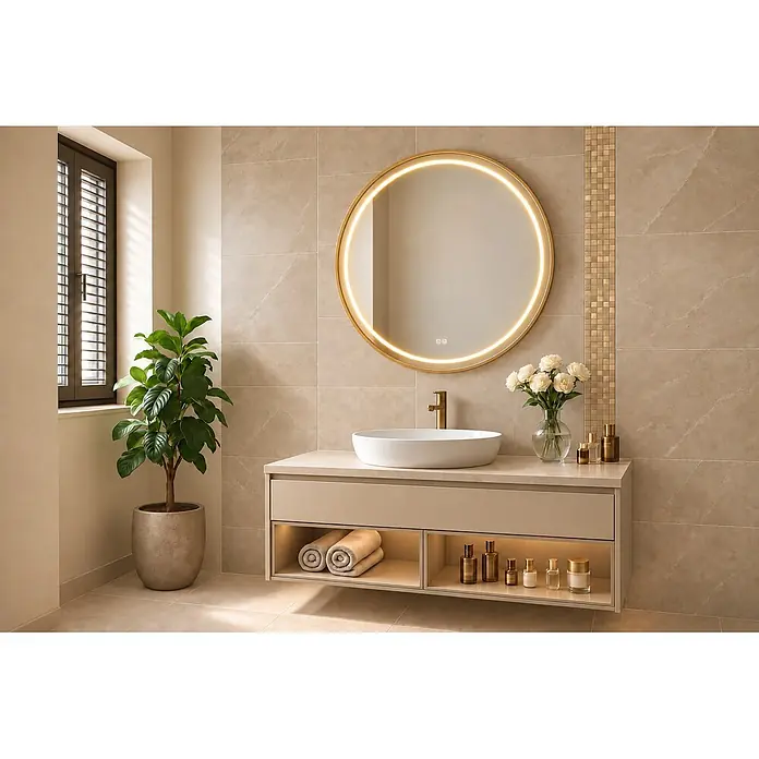 Cordia Lichtspiegel - 80 x 80 cm, Gold - Modernes Badmöbel mit weißem Aufsatzwaschbecken, goldener Armatur und beleuchtetem Rundspiegel in neutralem Bad.