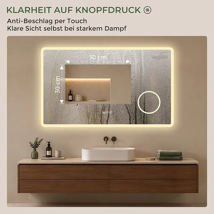 Badspiegel LED 100 x 60 cm, Bluetooth, 3-fach Vergrößerung, Anti-Beschlag -  - Beleuchteter Badezimmerspiegel mit Antibeschlagfunktion, zeigt einen 50x30 cm klaren Bereich trotz Dampf. Über einem modernen Waschtisch montiert.