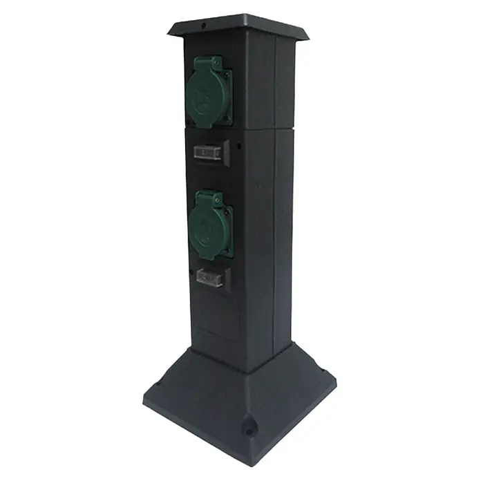 Voltolux Energiesäule - Anzahl Steckdosen Schuko: 4 Stk., IP44 - Das Bild zeigt eine schwarze Stromsäule mit zwei Steckdosen und integrierten Leuchten, ideal für den Außenbereich.