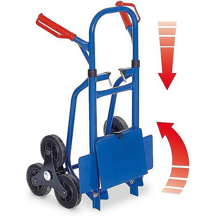 BRB Treppen-Sackkarre - Stahl - Blauer Treppensteiger-Sackkarren mit roten Griffen und klappbarer Ladeplatte, mit einzigartigem Dreiradsystem für einfaches Auf- und Absteigen.