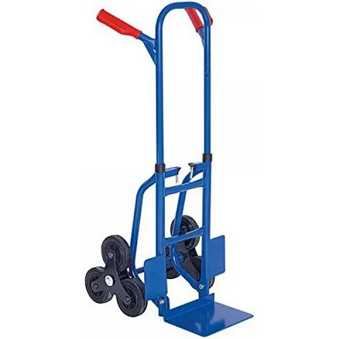 BRB Treppen-Sackkarre - Stahl - Blauer Metall-Treppensteiger mit roten Griffen und Dreisternrädern.