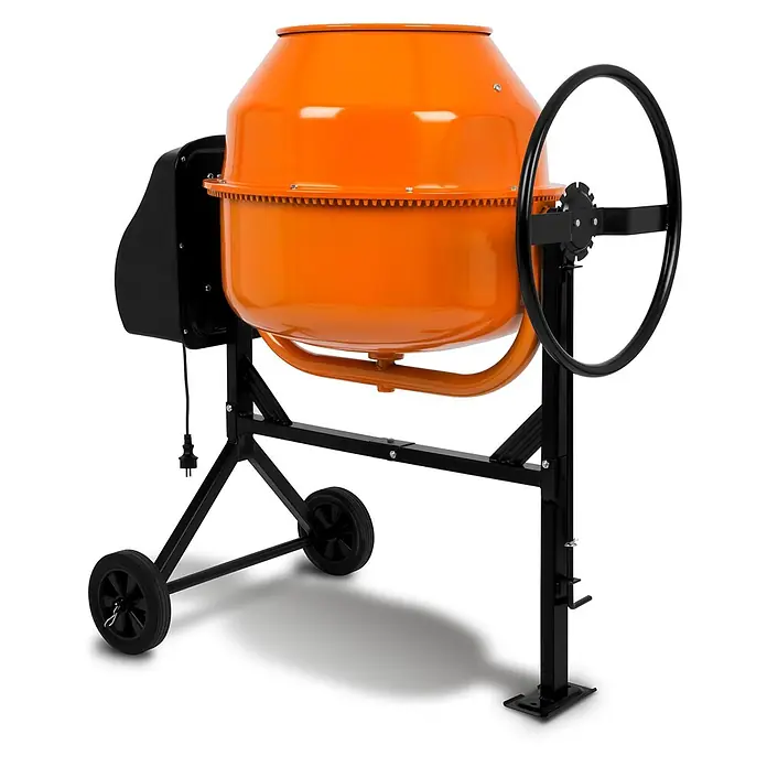 EBERTH Elektro-Betonmischer Betonmischer 160 L, 650 W, 230 V, Stahlzahnkranz - L x B x H: 120 x 70 x 130 cm, 160 l, 650 W - Ein orangefarbener Elektrozementmischer mit schwarzem Gestell, Rädern und großem Kipprad zur einfachen Entleerung.