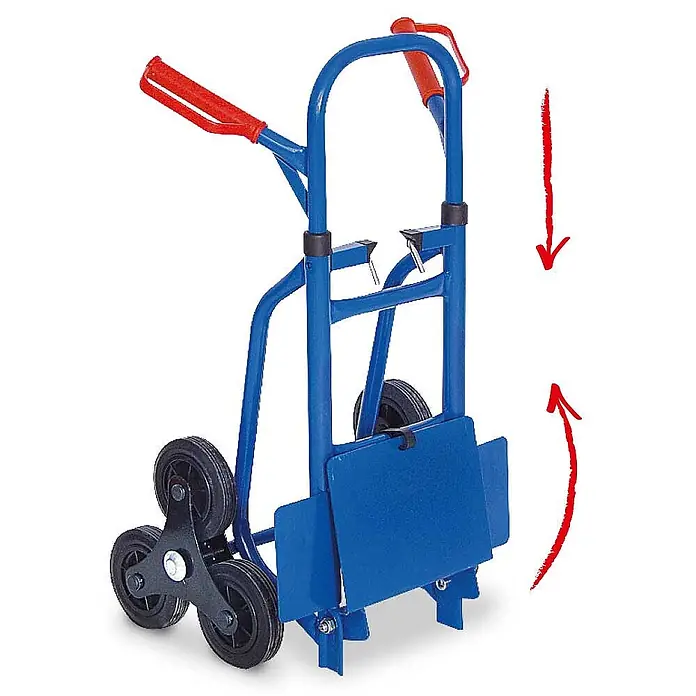 BRB Treppen-Sackkarre - Stahl - Blauer Stahl-Treppenkarren mit roten Griffen, Dreistern-Rädern und klappbarer Ladeplatte.
