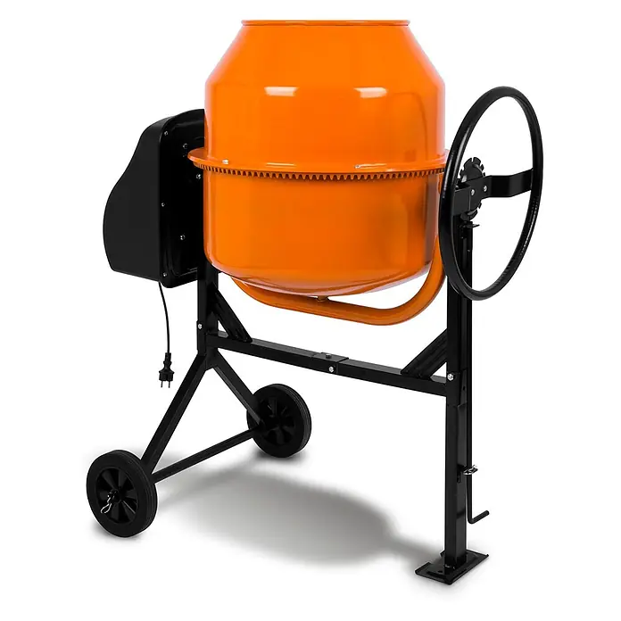 EBERTH Elektro-Betonmischer Betonmischer 140 L, 550 W, 230 V, Stahlzahnkranz - L x B x H: 117 x 63 x 135 cm, 140 l, 550 W - Oranger Elektrozementmischer mit schwarzem Rahmen, Rädern und großem Lenkrad zum Kippen.