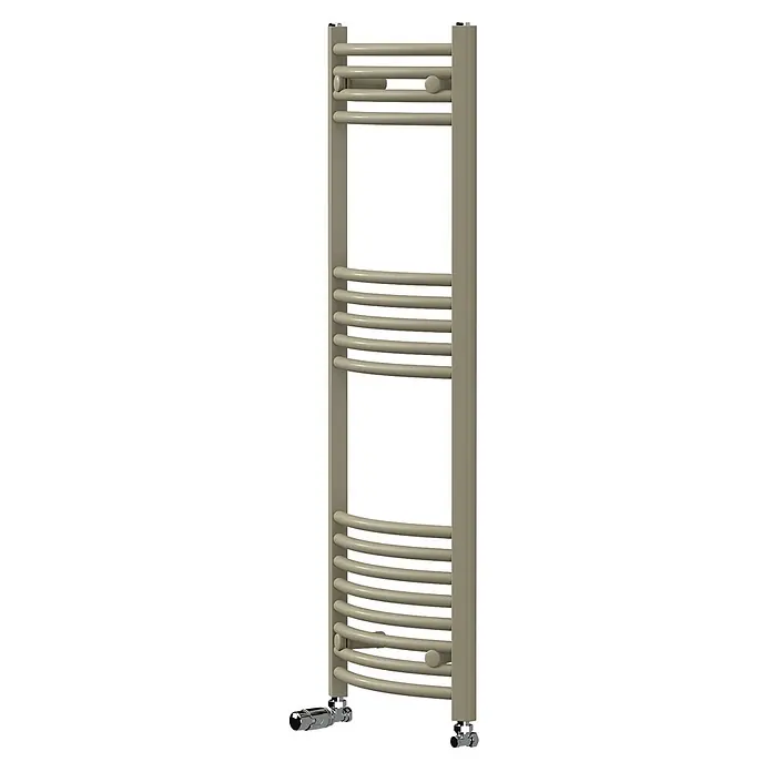 LuxeBath Handtuchheizkörper 400x1200 mm mit Thermostatventil -  - Beigefarbener Handtuchwärmer mit gebogenen Querstreben und Chromventilen.