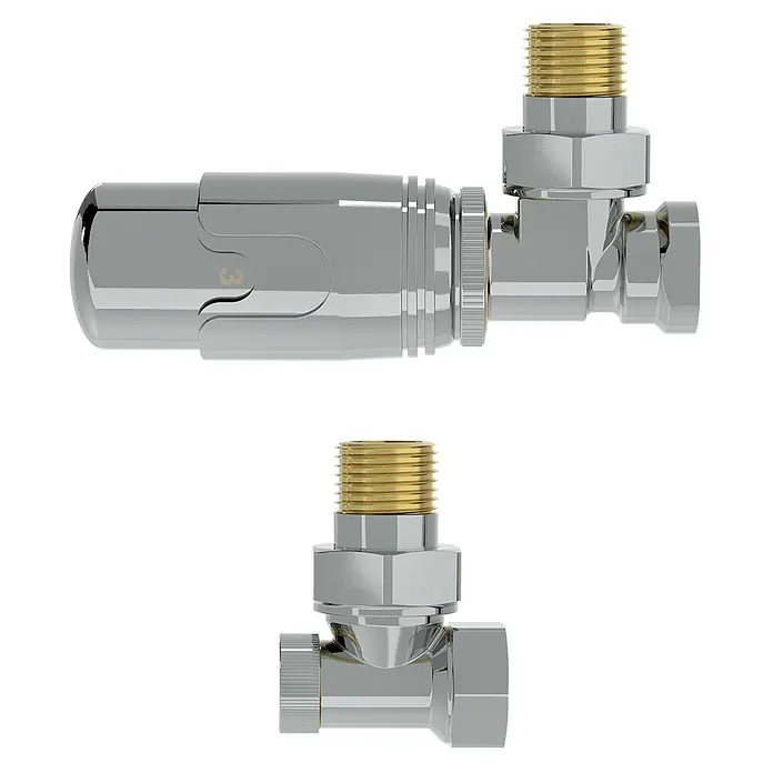 LuxeBath Handtuchheizkörper 400x1200 mm mit Thermostatventil -  - Verchromtes Thermostat-Heizkörperventil mit goldenen Gewindeanschlüssen, Kopf auf '3' eingestellt.